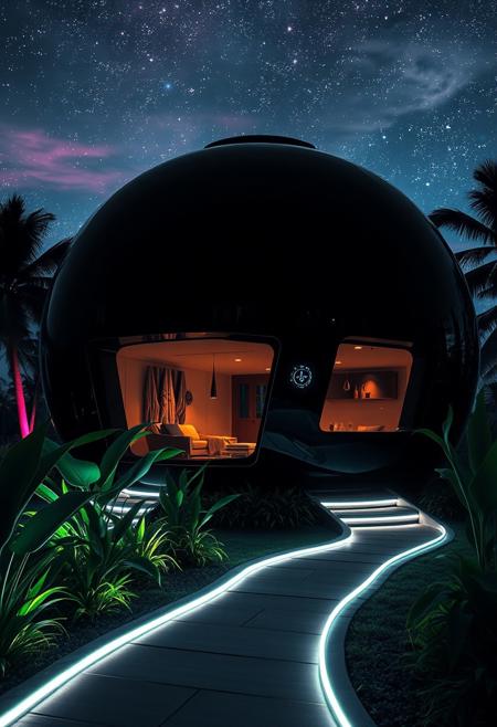 Prompt: Exterior of a futuristic solarpunk black sphere House with sleek, angular lines and reflective glass surfaces that refract and bounce light, set against a backdrop of a vibrant, starry night sky with subtle, wispy clouds, surrounded by lush, neon-lit foliage and a winding, LED-lit pathway that curves around the structure, with a subtle glow emanating from within, giving a sense of otherworldly technology and innovation, with a hint of mystique and sophistication.