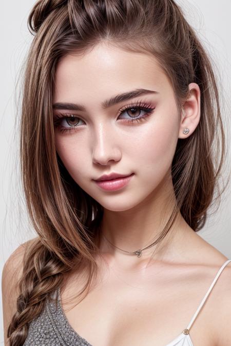 18 years old girl, beautiful woman, (cute:1.3), (([Brown hair], [braided hairstyle], [impossible dress])), lips, realistic, narrow waist, colorful makeup, long eyelashes, pale skin, (cute), (detailed face), (detailed teeth), (detailed eyes), (detailed iris),,   <lora:add_detail:0.5> <lora:more_details:0.5> <lora:epiNoiseoffset_v2Pynoise:1>