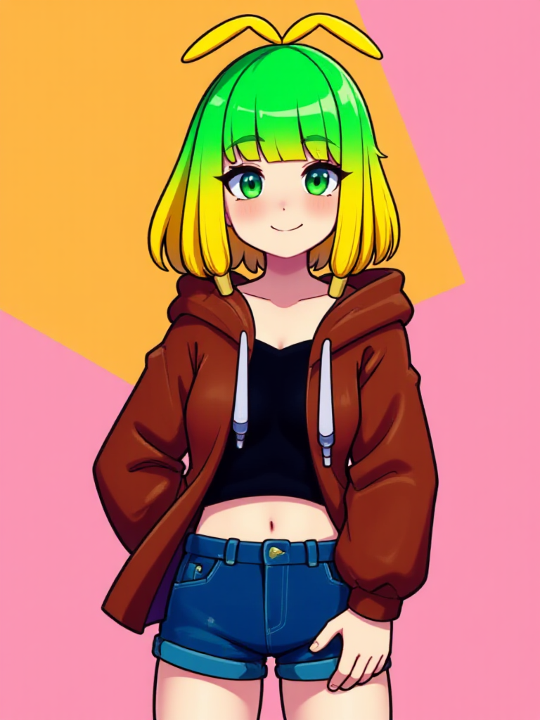 a_retro_style_digital_illustration_of_b4nch4n_standing_in_front_of_a_bright_background__the_woman_is_wearing_an_oversized__unbuttoned__brown_hoodie__a_black_crop_top_and_denim_shorts__sh_162475349.png