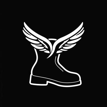 (stylized logo, emblem, vector art), (symbol of a boot with a wing), (solid colors, thick-linework), white outline, black background, 
boot with a wing symbol white in the center, heraldic, black background, HDR, UHD,