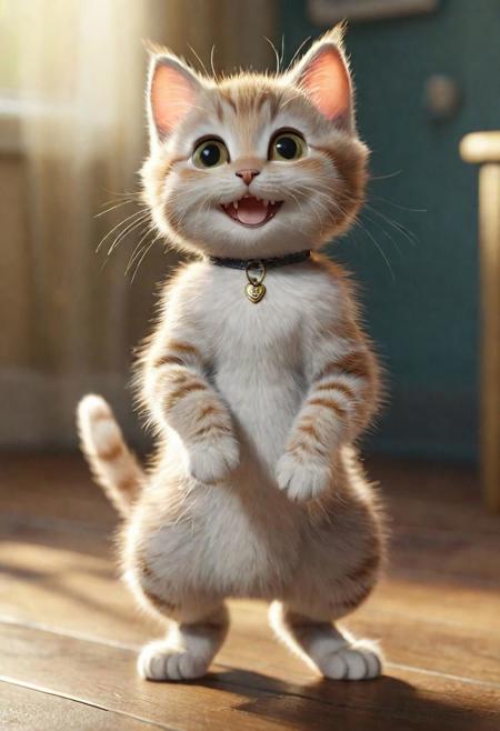 high quality cgi, closeup, cute little cat, smile, funny, standing on two legs, perfect environment, high detailed