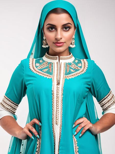 highres photo of 25 year old beautiful desi woman, (plain white background: 1.6), turqoise ethnic Punjabi Suit with head scarf, fashion photography, dynamic pose, facing viewer,  <lora:Desi_Coffee_V30_SDXL_LoRA:1>
