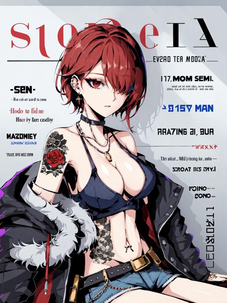 Defaults17Style, 1girl, jewelry, solo BREAK (magazine cover, english text:1.3), tattoo, short hair, necklace, jacket, belt, fingerless gloves, red background, gloves, red eyes, breasts, shorts, red hair, chain, spikes, thighhighs, cleavage, black tank top, earrings, tank top, choker, black gloves, open clothes, character name, arm tattoo BREAK hair over one eye, makeup, blue jacket, denim, bare shoulders, off shoulder, chain necklace, open jacket, thigh strap, looking at viewer, collarbone, piercing, black belt, medium breasts, neck tattoo, belt buckle, spiked collar, feet out of frame, cross, eyeshadow