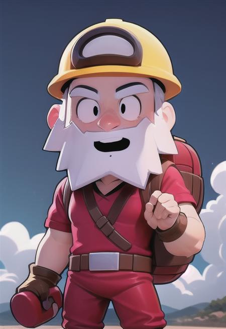 old man ,Mining helmet, red shirt, blue pants, red dynamite in hand, backpack, old man , Sportswear ,red cap, whistle, red shirt Old Man, Cheff's Hat, White Sack