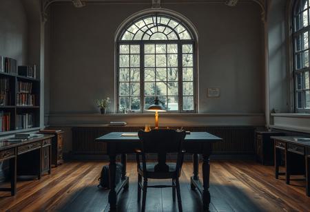 a professors table in a university, reminiscent of a scene from harry potter but with modern stylings that make it relatable to any university attending viewer, the shot should be from the front with  the professor's desk centered and an empty chair visible, a lamp on the desk illuminates the scene and an open window is visible at the back filling 3/4 of the scene.
[[No objects on the desk, empty desk. desk and chair facing observer]]