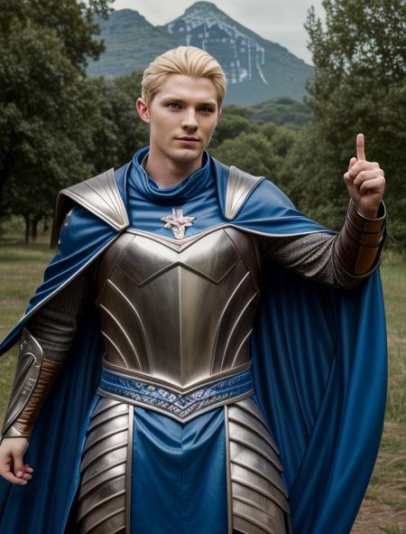 best quality, masterpiece, highres, detailed, realistic, <lora:Detail - add_detail:0.2>,  <lora:Character - WillKenrith:0.6>, WillKenrith, blue eyes, blonde hair, armor, cape, 1man, cosplay convention, cosplay, posing,