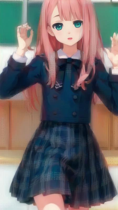 masterpiece, 
1girl, solo, solo focus, 
kamiki mikami, pink hair, green eyes,  <lyco:kamiki mikami:0.65>
cowboy shot, nana02,blue blazer,plaid skirt,blue skirt,collared shirt, plaid bow <lyco:nana02:0.6>