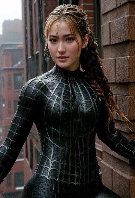 score_9, score_8_up, score_7_up, best quality, realistic, masterpiece, beautiful detail, hyperrealistic, 1girl, korean girl, on a building, rainy scenery, professional model of <lora:Spider-Man:1.5>, wears ultra - detailed black raimi spider - man suit, ultra - detailed and grained black raimi spiderman suit, suit covered entire body and hand, black spiderman gloves, braid hair, wet, cute handpose, light smile, (full body on camera), big breasts, (dirty skin), muscular bodybuilder girl, close up, octane render, highly detailed, volumetric, dramatic lighting, (highest quality:1.1), (HDR:1.3), (top quality, best quality), realistic, high definition,