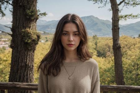 35mm film, one pretty european girl, solo, supermodel, brown hair, long wavy hair, pale skin, perfect face, small nose, blue eyes, lips, collarbone, big tits, nice breasts, cleavage, necklace, jewelry, blue lace dress, looking at viewer, looking at viewer, a breathtaking forest view, offering panoramic views of majestic and sweeping valleys, nature light, upper body, epiCPhoto, <lora:pytorch_lora_weights:0.5>, <lora:picxer_real:0.7>, <lora:FilmVelvia3:0.3>, <lora:more_details:0.6>