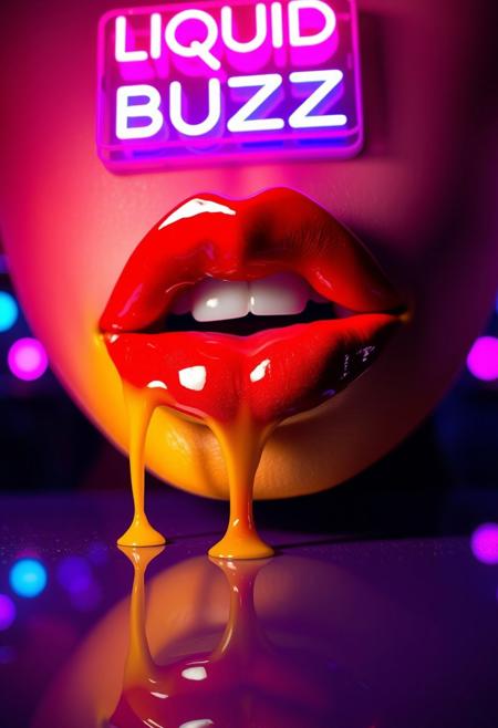 A high-resolution image of a woman’s lips painted with a bold gradient blend of red and yellow, merging smoothly to create a striking contrast. The lips are glossy and reflective, illuminated by neon-colored spotlights in the background—deep purples, blues, and pinks—enhancing their shine. Thin streams of paint drip delicately from the lips, adding a dynamic element. Above the lips, a floating neon sign reading ‘LIQUID BUZZ’ in vibrant pink and blue glows brightly, contributing to the sleek, futuristic atmosphere. Subtle reflections on the glossy surface enhance the intense effect.”