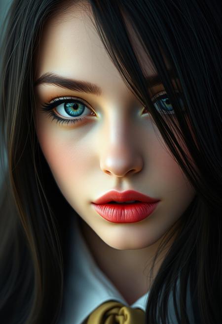 real-life, realistic, photorealistic, 35mm film, photographic, magazine-quality, gorgeous lips, cinematic, (masterpiece), (best quality), (ultra-detailed), very aesthetic, illustration, perfect composition, intricate details, absurdres, detailed face, (anime, masterpiece, intricate:1.3), (beautiful detailed face, beautiful detailed eyes)
1woman, solo, eyeliner, gorgeous lips, black long hair, blue eyes, a mole on the right side of the mouth, a classic shape, ties, thick eyebrows, painted eyelashes, an elegant face