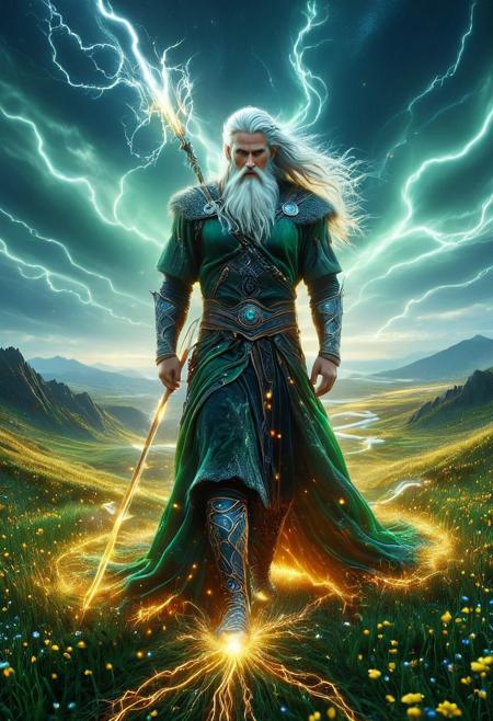 Masterpiece, absurdres, 8K UHD, hyperrealistic, ultra-detailed, cinematic drama, intricate textures, extreme close-up, commanding presence, mythic grandeur, sharp focus, dramatic contrast, ethereal glow. 1male, 
Odin, the ancient Nordic god, stands atop a rolling green hill, the wind carrying whispers of forgotten legends. His broad shoulders and battle-worn face radiate power, silver hair braided with glowing runes flowing like storm-touched silk. His spear, forged from molten thunder, crackles with veins of gold, blue, and red lightning, illuminating the vibrant meadow beneath his feet. Glowing eyes carve through the tranquil landscape, a contrast between serenity and divine fury. The grass bends, trembling as his celestial energy pulses, wildflowers igniting with spectral light. In this moment, he is both warrior and force of nature, a myth eternal, watching over the mortal world from his emerald throne.
Photorealistic, cinematic lighting, volumetric mist, hyper-detailed environment, Nordic ruins crumbling into celestial dust. 
cinematic textures, immersive depth, bold composition, striking realism, controlled chaos, divine terror