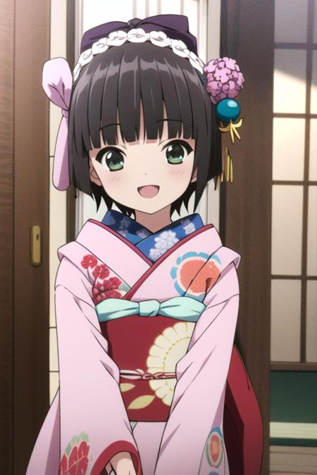 yune, 1girl, solo, pink kimono,smile, hair ornament\(origin\), smile,open mouth,, masterpiece, best quality,1girl,solo