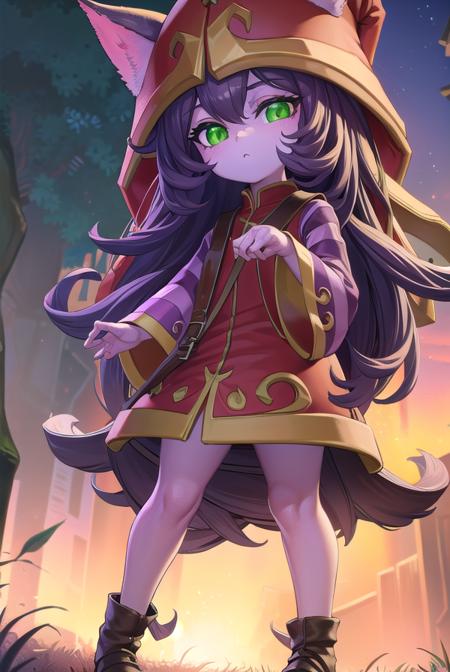 lulu, long hair, bangs, animal ears, (green eyes:1.5), purple hair, colored skin, purple skin, long sleeves, hat, dress, red dress, red headwear, ears through headwear, striped sleeves, yordle,