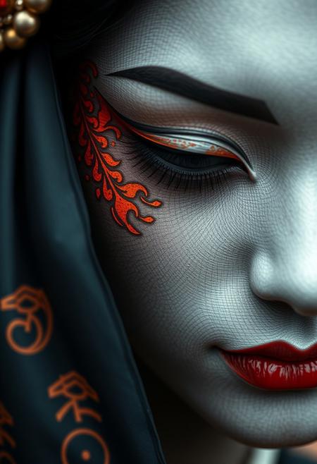 intense close up shot, african geisha, in the style of textured photography, dark gray and bronze, naoto hattori, jeremy lipking, dark sky-blue and orange