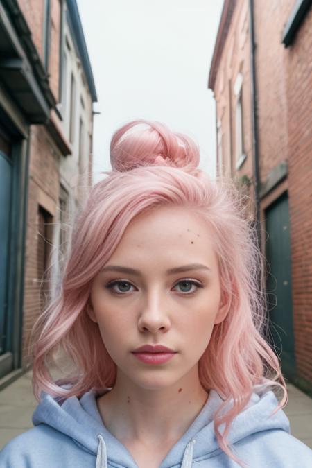 beautiful college girl, wearing hoodie, looking at viewer, pink hair, solo, tattoo on face, upper body, detailed background, town, alley, hyper detailed, detailed face, candid photo <lora:epiNoiseoffset_v2:1.2>, POV, by lee jeffries, nikon d850, film stock photograph ,4 kodak portra 400 ,camera f1.6 lens ,rich colors ,hyper realistic ,lifelike texture, dramatic lighting , cinestill 800,