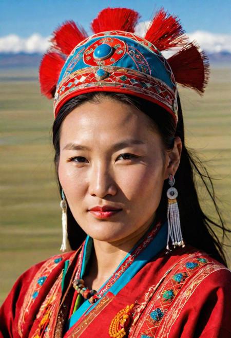 Rustic charm, nomadic portrait, high-definition, ultra-authentic, UHD resilience, depth of culture, Mongolian lady, wearing traditional attire against the backdrop of the vast Mongolian steppe, rugged and expansive, around, bright midday sun, resilient look, (vivid steppe light:1.2), traditional headdress and garments showcasing her nomadic heritage