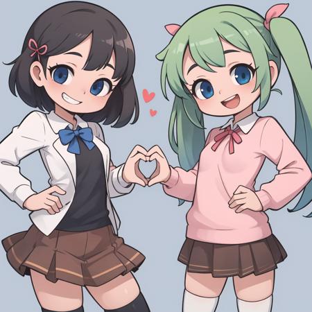 masterpiece, best quality,
blue background, abstract background, heart background, 2girls, side-by-side, heart hands duo,
cowboy shot, head tilt,
school uniform, ribbon, brown skirt, thighhighs,
ADDCOMM
long hair, straight hair, black hair, narrowed eyes, hair ribbon, black shirt,
grin,
ADDCOL
green hair, twintails, pink sweater, long sleeves,
happy,