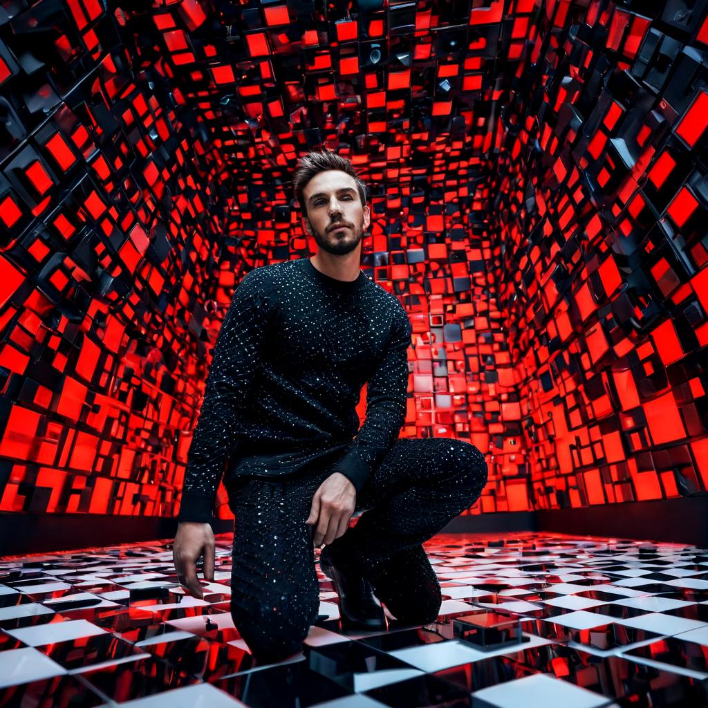 long shot scenic professional photograph of A hyperrealistic portrait of a man with a body made entirely of interlocking black cubes, each one twisting and rotating independently of the others. His face is caught mid-transformation, half-human and half an intricate, shifting puzzle of cubes. His eyes are bright red lights that blink like mechanical sensors. The background is an infinite grid of cubes that extend in all directions, constantly moving, reforming, and disintegrating as though he is part of an ever-evolving geometric world., perfect viewpoint, highly detailed, wide-angle lens, hyper realistic, with dramatic sky, polarizing filter, natural lighting, vivid colors, everything in sharp focus, HDR, UHD, 64K