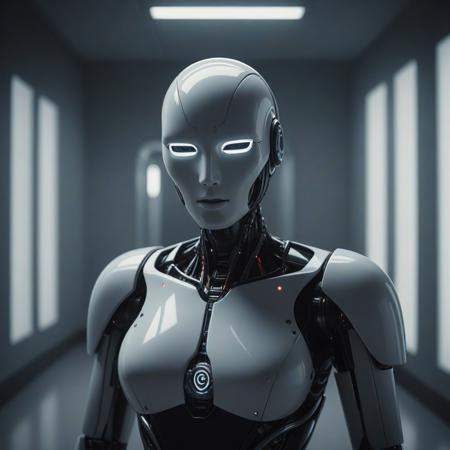 cinematic portrait of an enigmatic mysterious elegant no-face robot designed by apple in a science fiction movie, minimalist design, elegant design, cinematic lighting, indoors, futuristic design