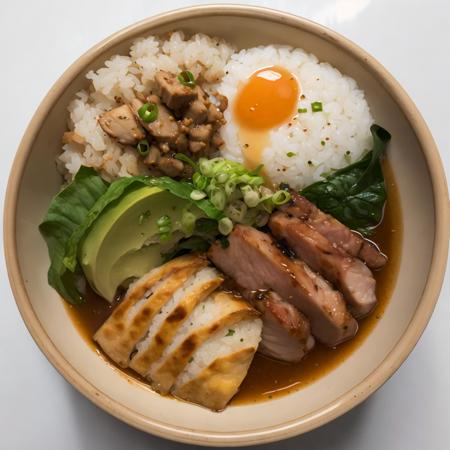 best quality, masterpiece, 1other, solo, japanese food, pork Donburi, simple background <lora:Atlas-09:0.9>