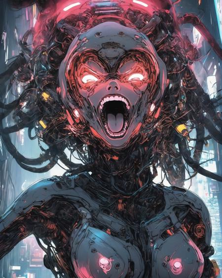 open mouth, glowing, mechanical parts, solo, glowing eyes, teeth, science fiction, 1girl, android, cyberpunk