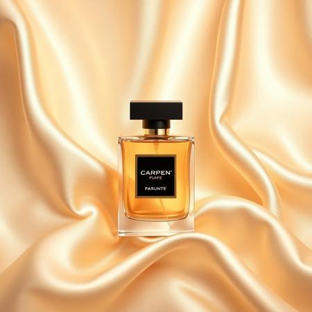 Elegant and modern perfume ad with a silk texture background,PFproduct