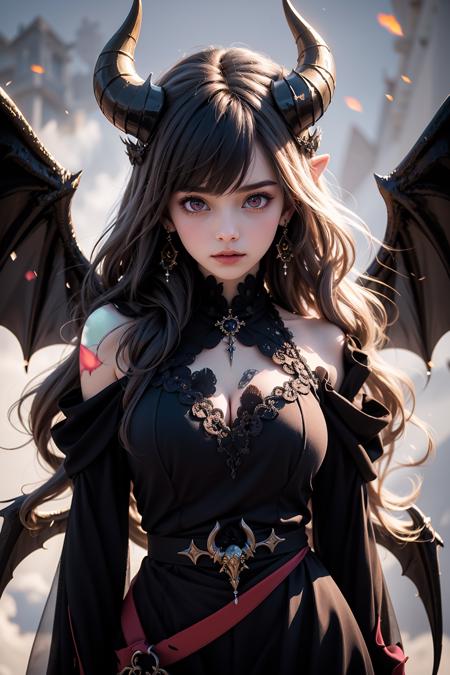 1girl,solo,The whole body,long hair,breasts,chase,Chase the audience,blush,bangs,large breasts,dress,cleavage,bare shoulders,jewelry,very long_hair,earrings,detached sleeves,wings,horns,pointy ears,pink eyes,grey background,black dress,demon girl,demon horns,demon wings,
cinematic lighting,strong contrast,high level of detail,Best quality,masterpiece,White background,<lora:Devil_angel:0.5>