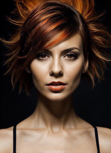 portrait of sks woman by Flora Borsi, style by Flora Borsi, bold, bright colours, orange Mohawk haircut, ((Flora Borsi)), <lora:locon_victoriajustice_v1_from_v1_64_32:1>