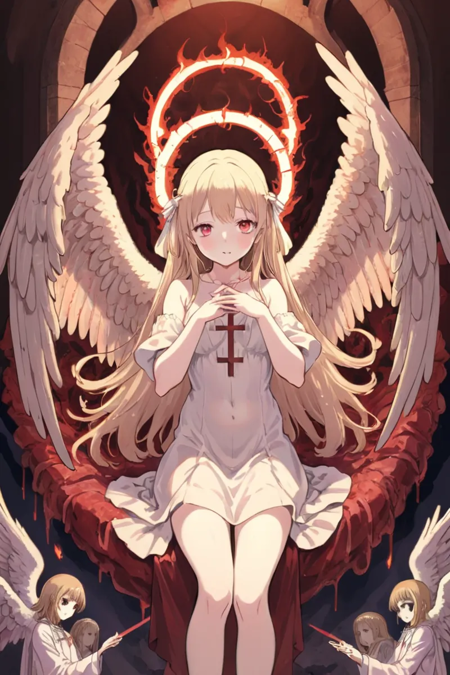 best quality, abusurdity, intricated, anime girl, divine comedy, reinaissance, heaven, hell, purgatory, bible, angels, satan