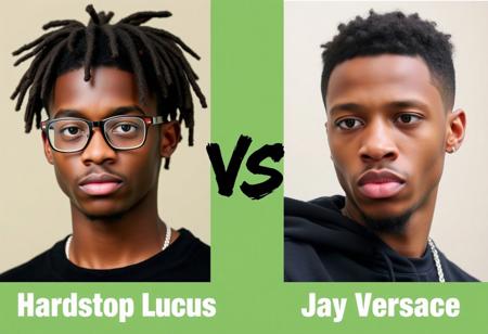 Hardstop Lucas vs Jay Versace: Hardstop is 19 year old black guy with dreadlocks and glasses on the left, text VS in the middle, Jay Versace is 18 year old guy with short curly hair big nostrils and short chin on the right, Text "Hardstop Lucas" on the Left, Text "Jay Versace" on the Right