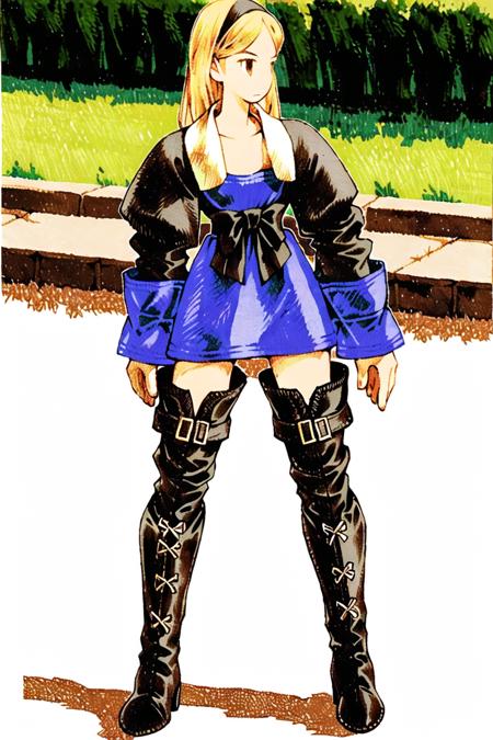 <lora:fftstyle_v2.2:0.8> 1girl, blonde hair, black armor, thigh gap, thigh boots, lace-up boots, sash, traditional clothes, legs apart