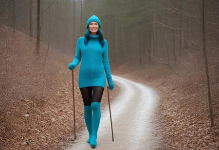See though lightweight cotton and cashmere sweater, Cozy Knit Thigh-High Socks for Women - Warm, Thick Over-the-Knee Winter Stockings in Solid Colors, Winter Fleece Lined Knitted Hat with Ear Covers, transparent Fake Tights, Thermal Slim Fit Casual Pantyhose, blue hair, teal hair. hand knit mittens walking in a winter trail, with a hiking sticks in a lightly wooded area with snow cover all around a few gal pals at her side twenty to 40 years old