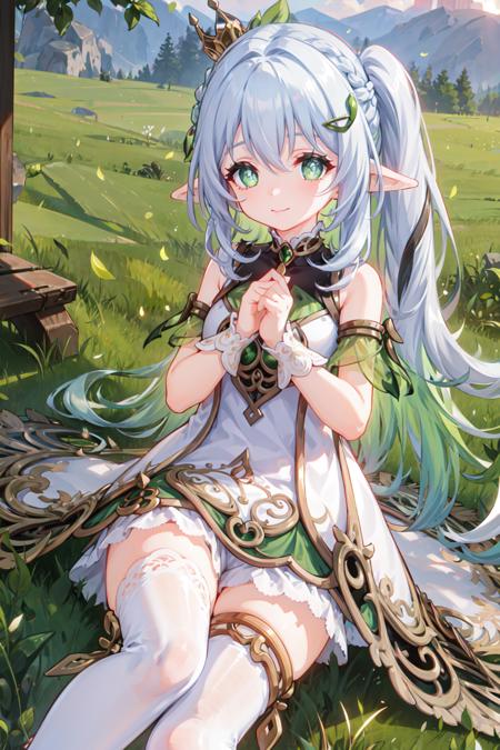 1 girl, solo, highres,hand on own chest,looking at viewer, masterpiece,best quality, extremely detailed, perfect lighting, high heels, sunny, light tracing, long hair, detailed beautiful face, looking at viewer, white dress, see-through, thights, streaked hair, crown braid, pointy ears, side ponytail, thigh strap, thighhighs, multicolored hair, green hair, white hair, green eyes, symbol-shaped pupils,  bare shoulders, mature female, lying, smile, grass, sunny, bloomers, soft shadow, no headwear, <lora:nahidaGenshinImpactV1:0.7>