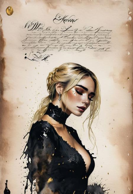RAW profile photo, close-up, dark atmosphere, crying with tears made of gold, masterpiece, cinematic film still of a blonde beautiful woman, detailed skin, freckles ,eyeliner, dark lipstick, black lace turtleneck dress, tack sharp focus on eyes, Sensual, lustful, seductive,  intricate, ultra detailed, 8k, <lora:MS_DitavT_V1_32:0.6>