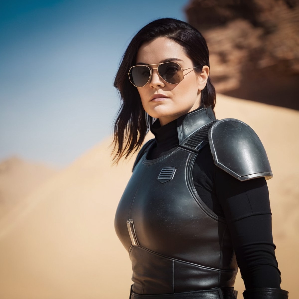 cinematic film still of  <lora:Cara Dune:1.2>
Cara Dune a woman in a black outfit and sunglasses in star wars universe, sh...