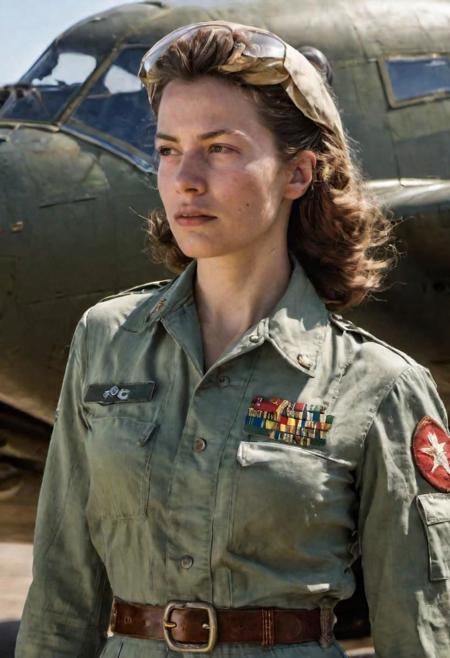 (masterpiece, best quality, hires, high resolution:1.2), extremely detailed, realistic, highres, (cinematic lighting, perfect lighting, sunlight, bloom), 1girl, Military pilot of high rank from the 1940s, embodied by woman with hourglass figure, porcelain skin wrapped in fitted olive jumpsuit, restrained by sturdy brown leather belt, her hairstyle exuding glamour of the Hollywood 40s era, voluminous black waves cascading her shoulders, almond eyes adorned with dark lashes, expressing determination, under the gently blushed high cheekbones, full lips, her character juxtaposing against backdrop of vintage aircraft, set in resilient blue cloudy day, digital
 parted bangs, blue hair, freckles, very long hair, long braided, :), smile,