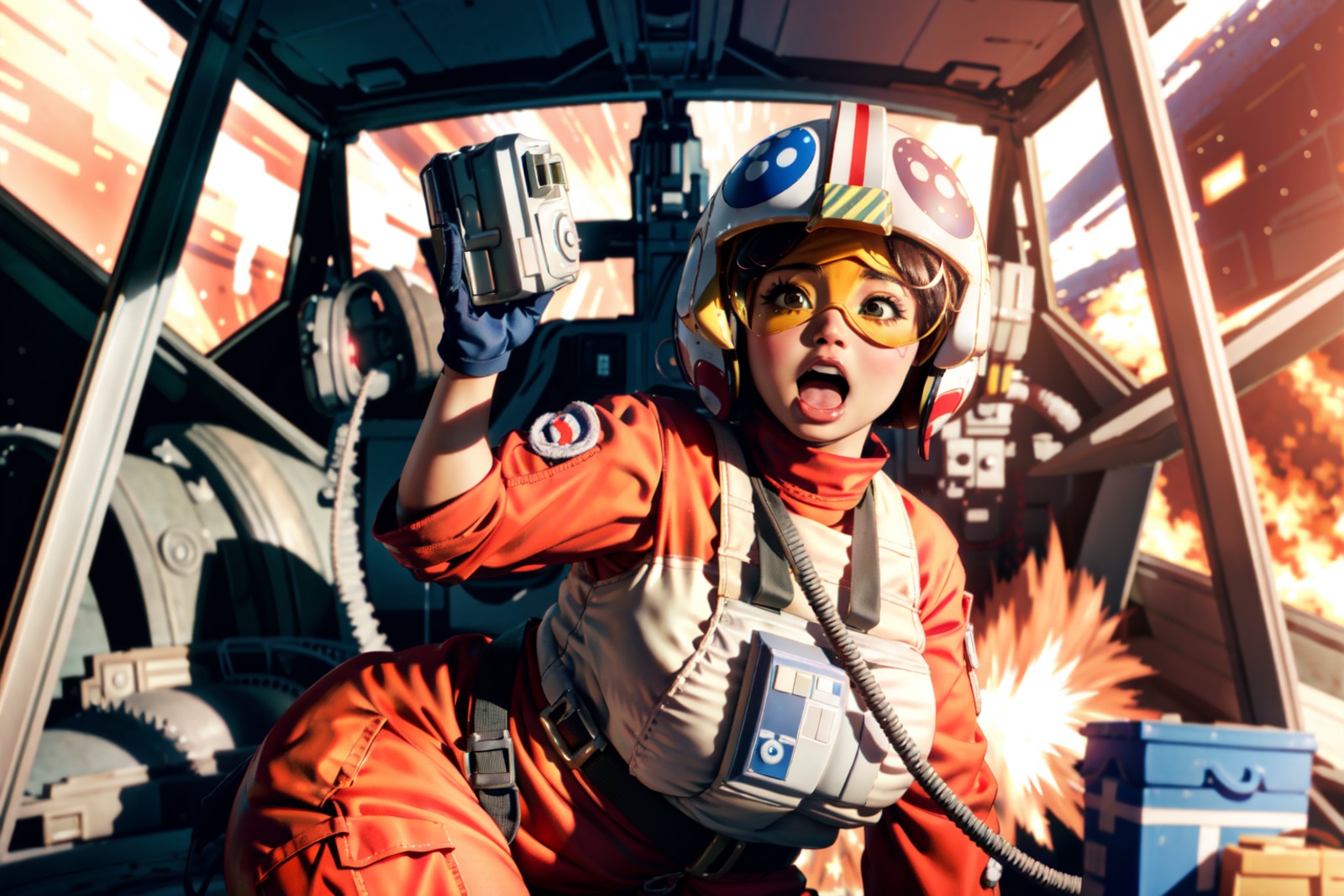 cockpit view,fat woman in rebel pilot suit,explosions,googles.helmet,screaming<lora:RPSV3:0.8>