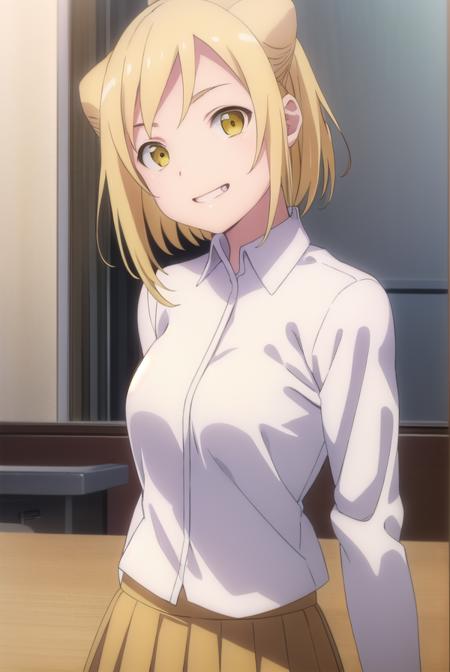 hikaritakanashi, <lora:hikari takanashi s1-lora-nochekaiser:1>,
hikari takanashi, medium hair, blonde hair, (yellow eyes:1.5), fang, hair bun, double bun, cone hair bun, smile, grin,
BREAK skirt, shirt, school uniform, white shirt, pleated skirt, brown skirt,
BREAK indoors, classroom,
BREAK looking at viewer, (cowboy shot:1.5),
BREAK <lyco:GoodHands-beta2:1>, (masterpiece:1.2), best quality, high resolution, unity 8k wallpaper, (illustration:0.8), (beautiful detailed eyes:1.6), extremely detailed face, perfect lighting, extremely detailed CG, (perfect hands, perfect anatomy),