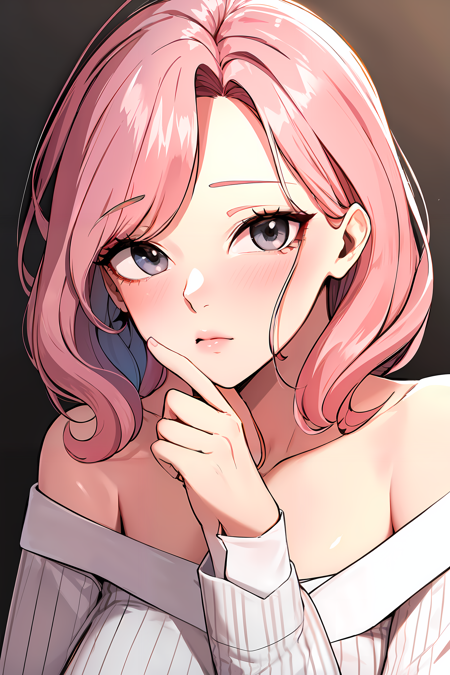 (masterpiece:1.2), best quality, 1lady, pastel pink hair, gray eyes,| goddess, off shoulder, pencil stripe shirt, <lora:my_friends:0.5>, looking at viewer,