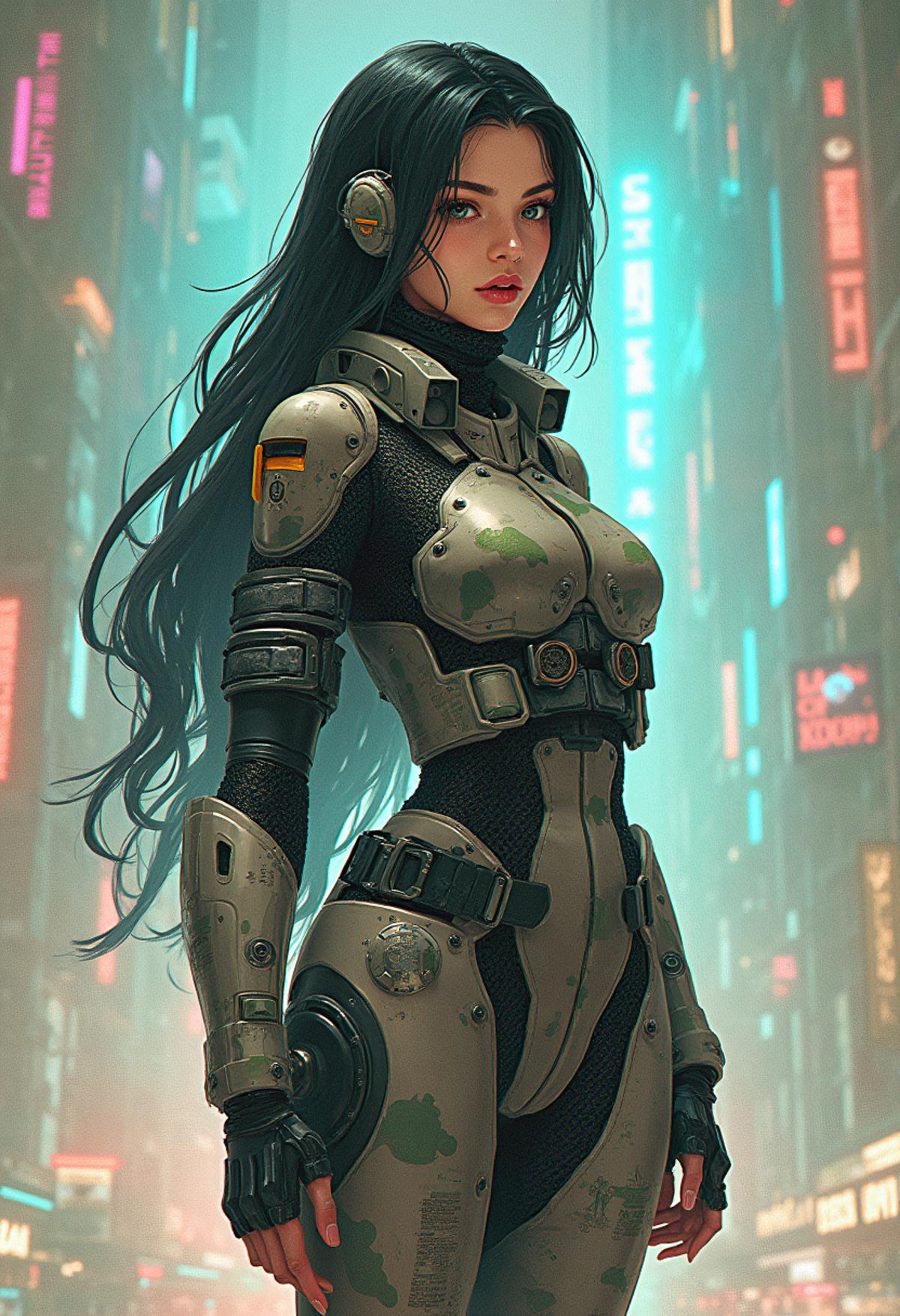 radiant, young neuroplasticity consultant android persian woman, holographic ai communication nexus, nano-weave utility jumpsuit with techno-mesh combat boots, Exoskeletal arms with armored plates, tactical camouflage pattern, military-grade aesthetic, lithe-lean figure, small-medium natural breasts, style of  Maciej Kuciara,  <lora:other/aesthetic>, anime art of a girl/woman