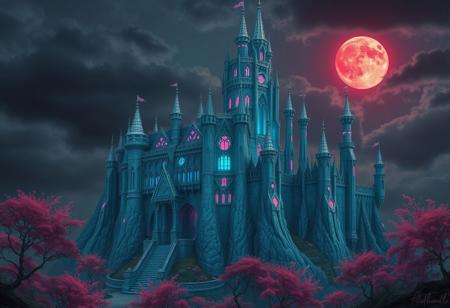 castle, living crystal castle, blue flesh with pink veins, detailed , hr giger, lovecraft, pink trees, blood moon, dark clouds,