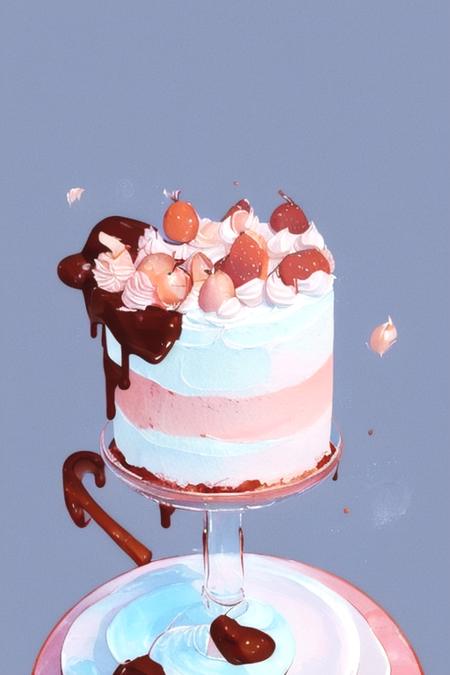 crl_fd6  style, masterpiece, best quality, extremely detailed, detailed background, detailed pastel colors, illustration, watercolor, paint splatter, cake, dessert, fruits on top, dripping chocolate,