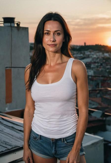 realistic, ultra realistic, detailed, European female, white tank top, medium breasts, cleavage, detailed skin, tan skin, on a roof terrasse, sunset lighting, very long dark hair, analog film, portrait, dark hair, soft smile, wavy hair, (freckles:0.3), sunset, warm colors,