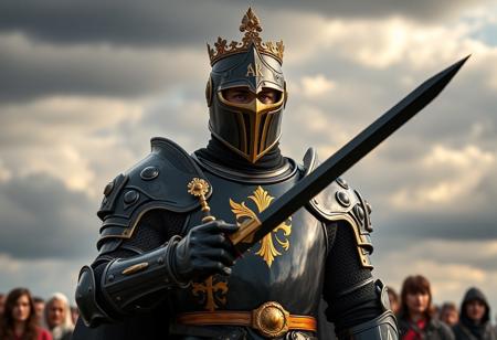 A highly realistic, photographic depiction of a powerful royal knight standing tall, exuding an aura of power and authority. He is adorned in a suit of armor that is predominantly black with elegant gold accents, a clear symbol of his identity, featuring a prominent gold emblem emblazoned on the chest. His matching black helmet with gold accents is topped with a gold crown, signifying his royal status. In his hands, he wields a black sword with gold accents, creating a harmonious color scheme, a tool of his trade and a symbol of his strength. Behind him, a group of people are visible but blurred, adding depth and context. The backdrop is a dramatic, gray and black cloudy sky with scattered clouds. This image captures a moment frozen in time, a snapshot of a knight in his element. High-res, 4K, Exceptional Quality, More Detail, Lifelike Details, Super Detailed Face and Eyes and Clothes (even if blurred), Handcrafted with Precision, High Quality, Sharp Lines, Stunning Colors, Harmonious Colors, Multi Colored (subtle atmospheric), Contemporary Aesthetics, Beautiful Matte Painting, Impeccable Composition, Creative Angle, Attractive Background, Balanced Editing, Intentional Focus, Well-timed Moment, Isometric (perspective influence), Dynamic Action Pose (subtle stance), Captivating Lighting (cinematic), Grammer Effect Style, Octane Render, Unreal Engine 5, CGSociety, Artstation Trending on ArtstationHQ, Golden Ratio.