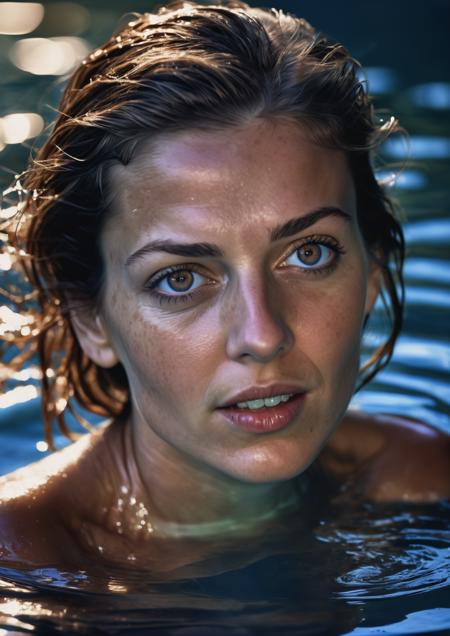 Suzanne v9, in the style of hyper - realistic water, emotive lighting, expressive eyes, candid celebrity shots, light navy and brown, photo taken with provia, les nabis