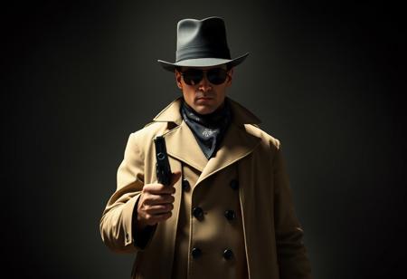 Mysterious man wearing long beige trench coat, black top hat, sunglasses obscuring face, neck bandana, stands in a dim room. Holds large black gun in right hand, left hand raised gesture, poised for action. Cinematic film noir, dramatic low-key lighting, chiaroscuro, high detail, sharp lines, 4K, Octane Render, Unreal Engine 5, impeccable composition, trending on ArtstationHQ, CGSociety.