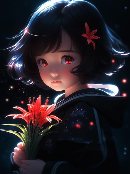 face focus, cute, masterpiece, best quality, 1girl holding lycoris, black background, light particle, solo, black hair, red eyes, standing, pixiv, depth of field, cinematic compotision, best lighting, looking up