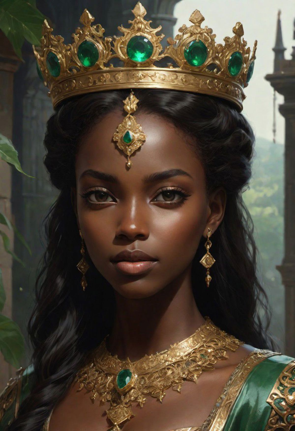 A black woman wearing a gold crown and earrings.