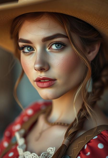 a masterpiece 4k photo, fashion photoshoot style, far shot, picture of a fit perfect delicate 1950s cowgirl transported in time to the 2000s, expressing cute shyness, blush, nuanced, extremely detailed, so real you can touch it, volumetric light, highly detailed, dynamic camera, skin pores, tiny hairs, bokeh, depth of field, beautiful masterpiece, highly detailed skin, maximalist background, bokeh, soft scene, intimate, atmospheric, depth of field, 4K art, absurdres
